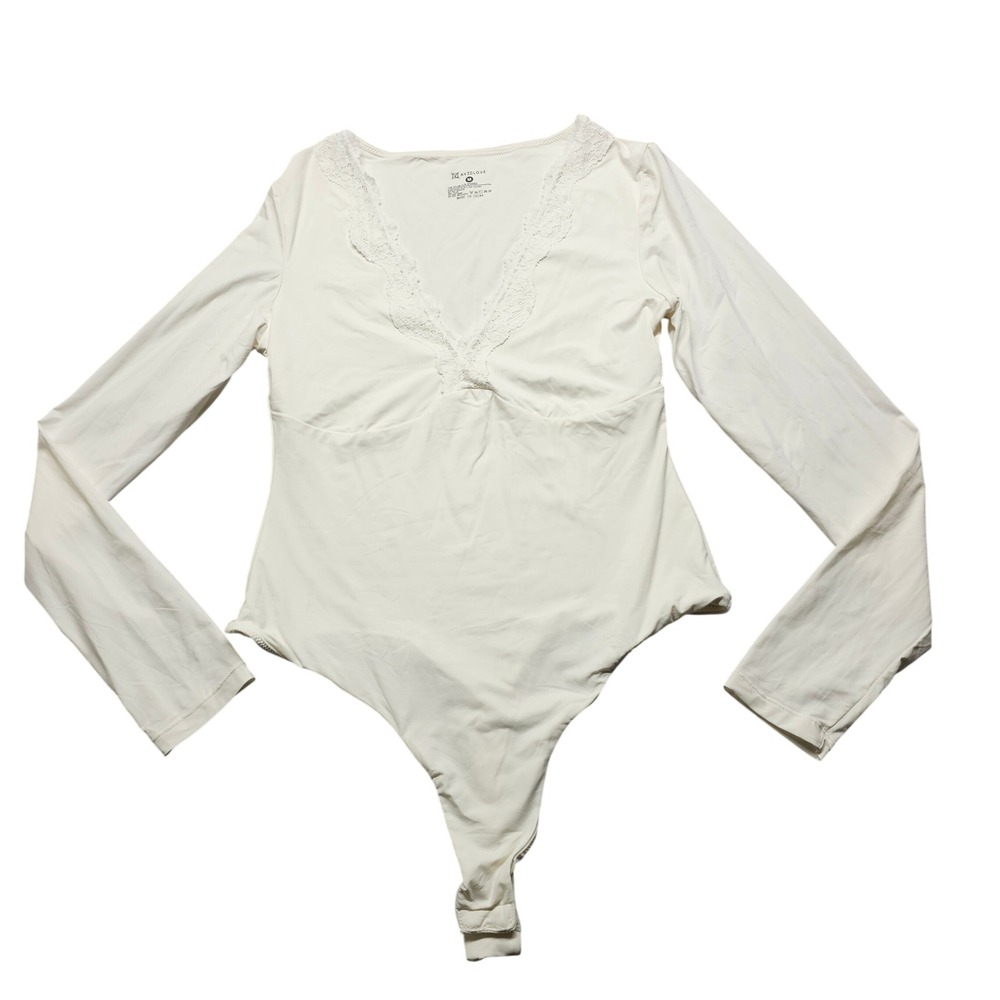 Avidlove Womens Long Sleeve Lace Trim V Neck Bodysuit Cream Off White Size M